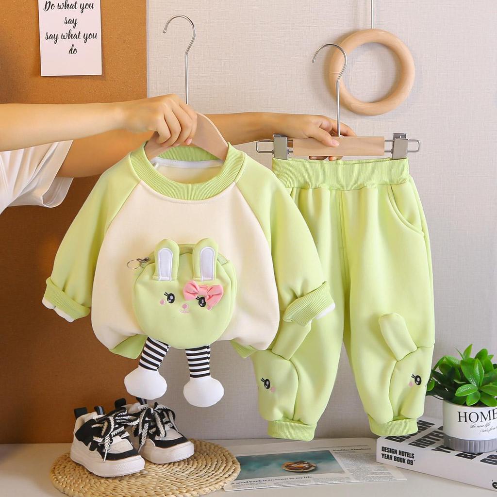 Комплект из 2 предметов с длинным рукавом для девочек 0-5 лет, Милое флисовое худи с карманом для девочек, повседневные брюки, Детская одежда высокого качества
