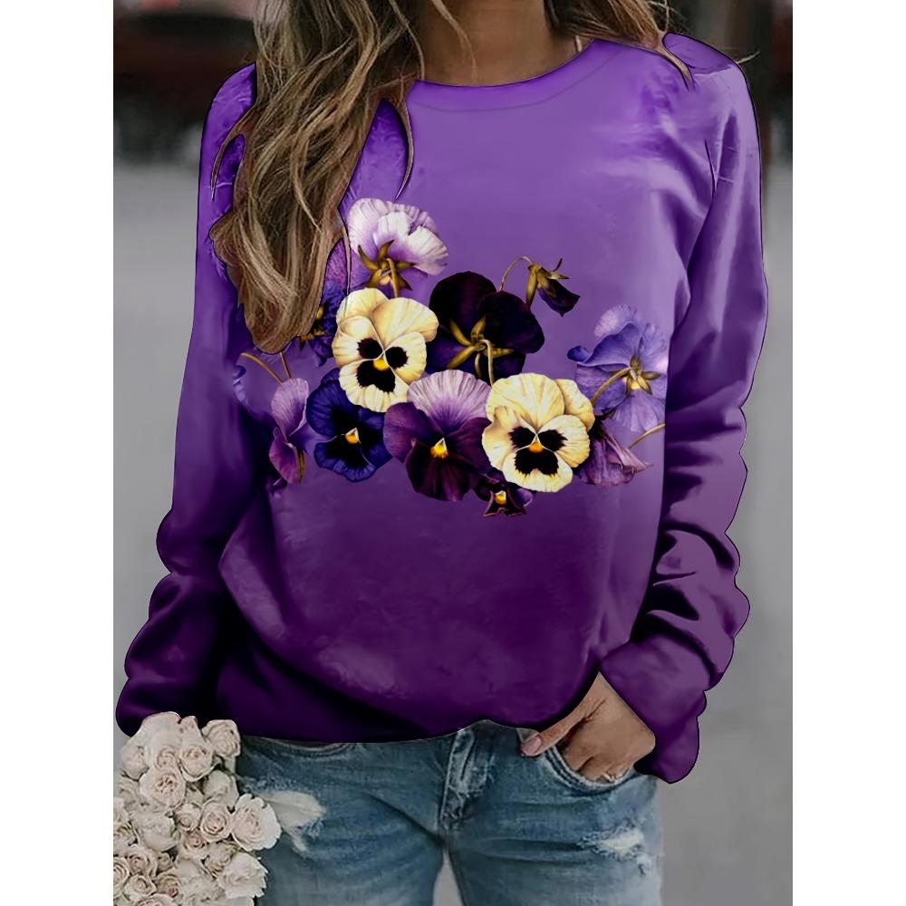 Женская толстовка с принтом в виде фиолетовых цветов, женская повседневная толстовка с длинным рукавом и круглым вырезом, женская одежда