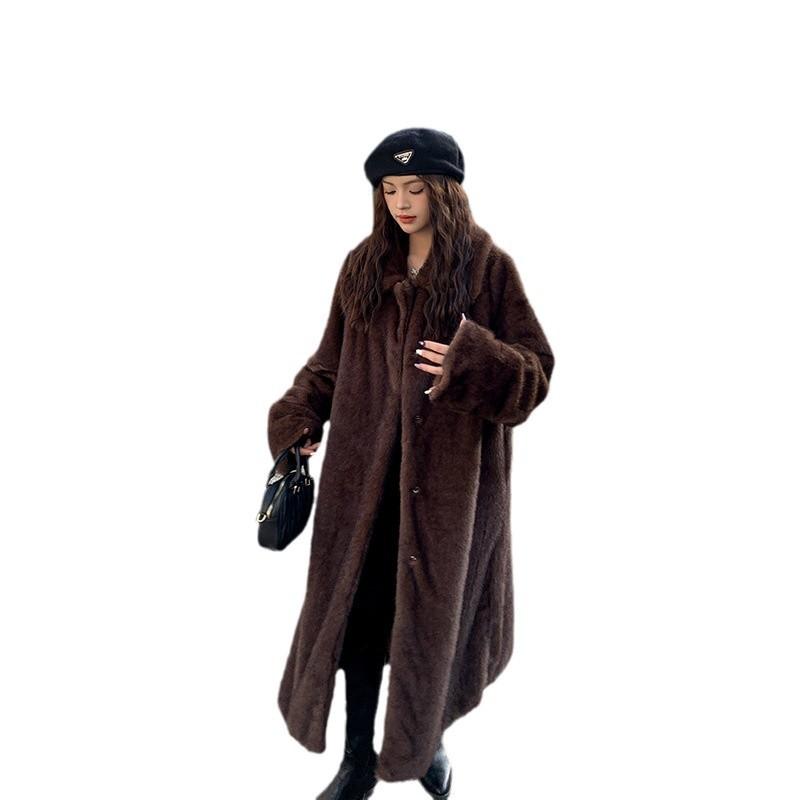 Винтажное коричневое длинное выше колена пальто из меха норки с отворотом, утолщенное, высокое, из экологически чистого меха, шуба