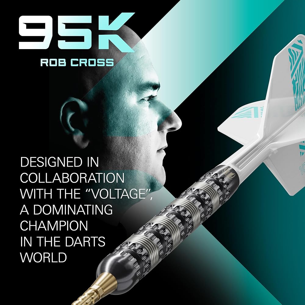 TARGET Darts Rob Cross 95K Стальные дротики Swiss Point, Дротики из 95% вольфрама с оперением K Flex, 22 г | Voltage Darts, Player Edition Swiss Point K Flex