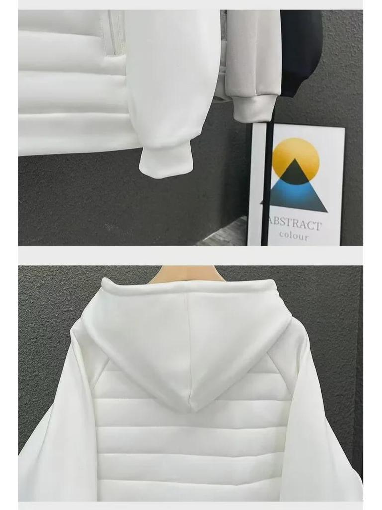 Men's Casual Hooded Cotton Jacket - Loose, Solid Color, Spliced Design, Trendy American Style