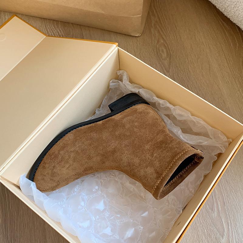 ~ Retro Square Head Suede Versatile Thick Heel Heightened Thin Short Boots Women's Autumn and Winter Large Size 42