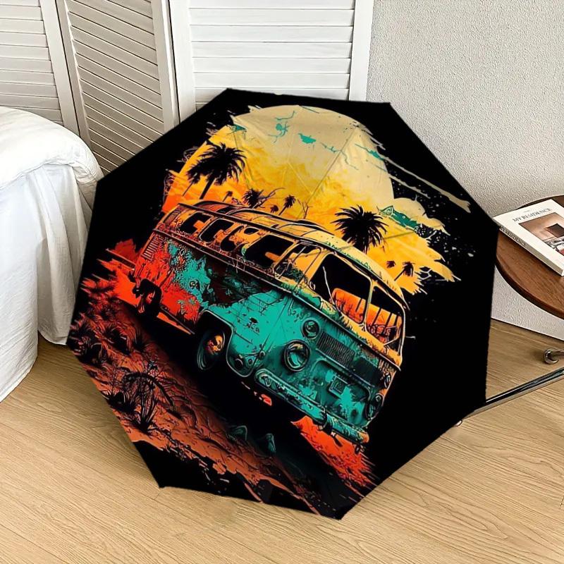 1pc Vibes: Retro Van Sunset Palm Trees Umbrella with Plastic Handle,Suitable for All Seasons Home Travel Outdoor UmbrellaDD896