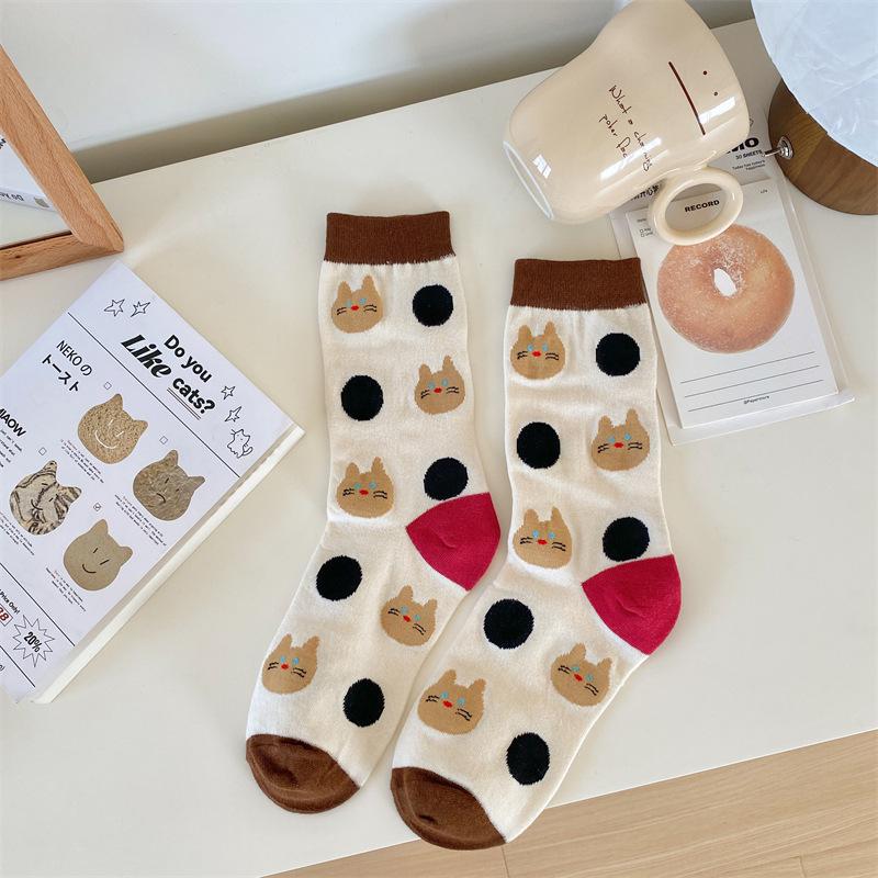 Spring 2025 Korean Polka Dot Kitten Women's Cotton Mid-Calf Socks - Sweet, Cute, and Breathable