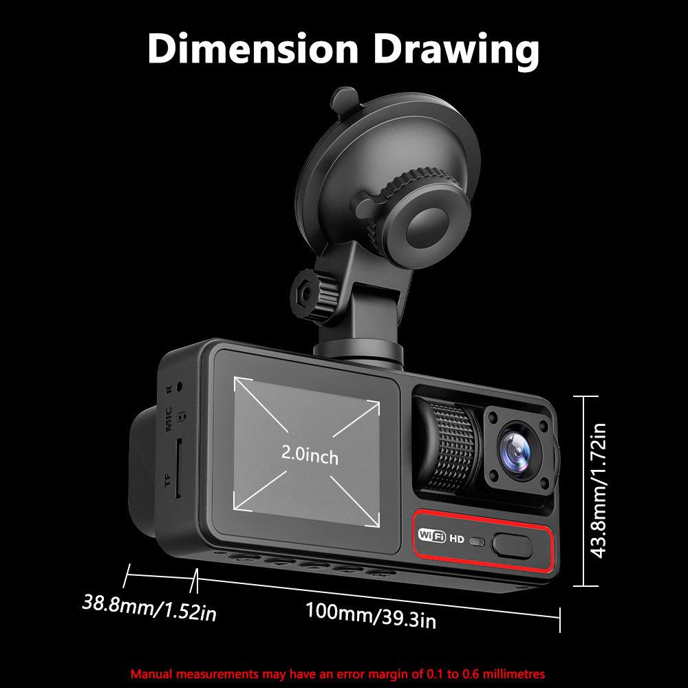 3-Lens Dash Cam, 3-Channel Recording, WiFi, HD, Phone Sync