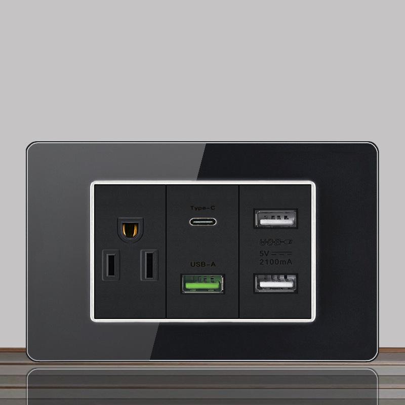 Brazil US Wall Light Switch Power Socket with USB Type-c 20W,Italy Chilean Fast Charging Tempered Glass Panel Universal Outlet