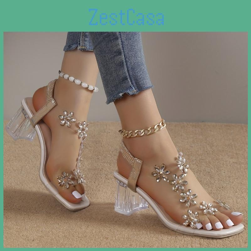 Rhinestone Flower Womens Heel Block Sandals Fashion Square Open Toe Elastic Strap Slip On High Heels Versatile Sandals