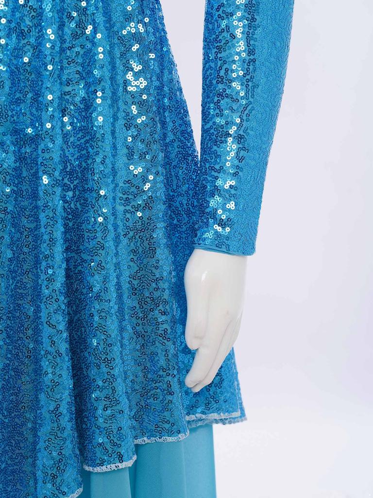 Girls Praise Dance Dress Long Sleeve Round Neck Design with Sparkling Sequins Color Block Asymmetrical Robe