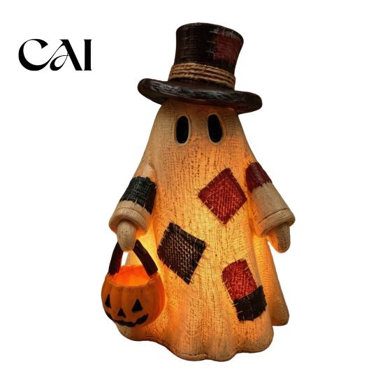 Unique Holiday Interior Ornaments Lighted Patchwork Ghost Resin Figurine with Pumpkin Lantern, Rustic Farmhouse Style Halloween Cozy Fall Fireplace
