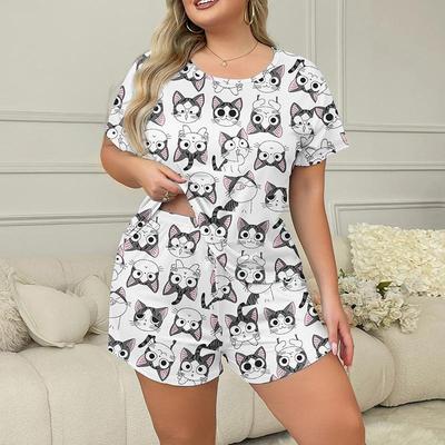 Летние большие размеры 3XL 4XL 5XL с короткими рукавами и шорты пижамный комплект повседневный свободный мультяшный принт белый пижама для женщин комплект одежды для сна домашняя одежда