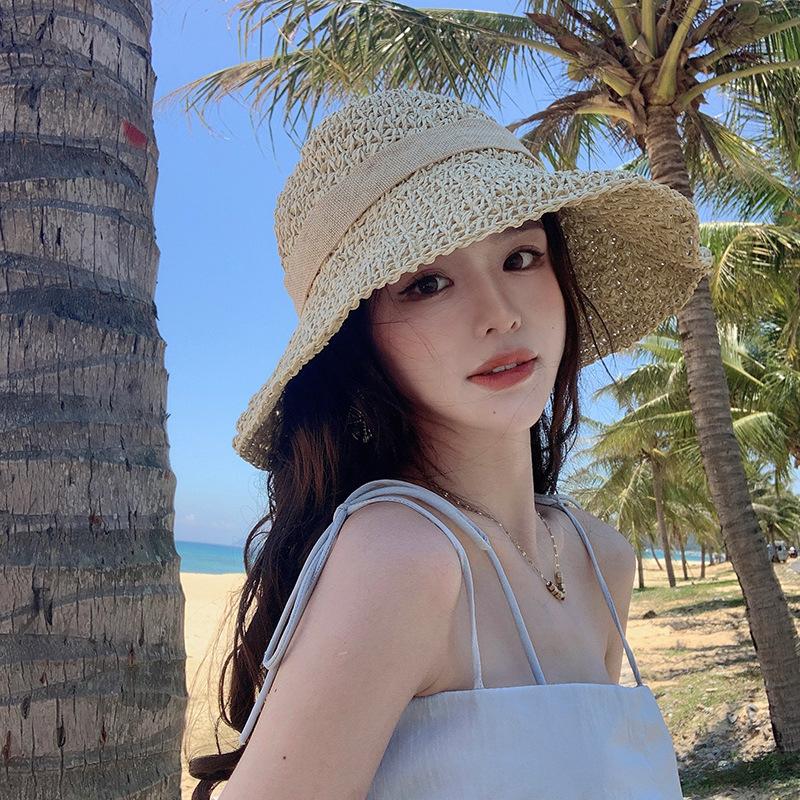 Соломенная шляпа женская летняя пляжная солнцезащитная шляпа-ведро ультрафиолетовая шляпа от солнца шляпа от солнца 2024 Интернет знаменитость лето