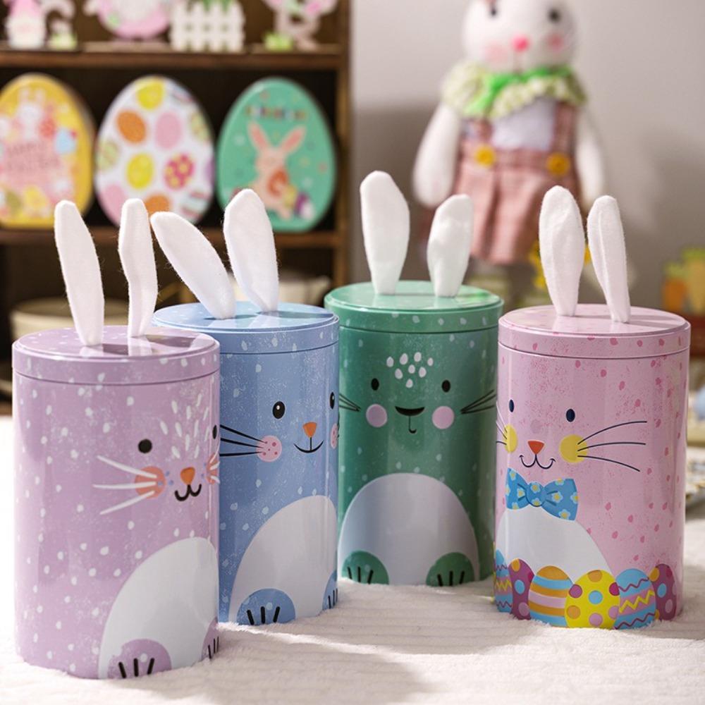 Cute Easter Bunny Tin Box Vintage Storage Gift Box Creative Iron Bucket Ornament Party Favors