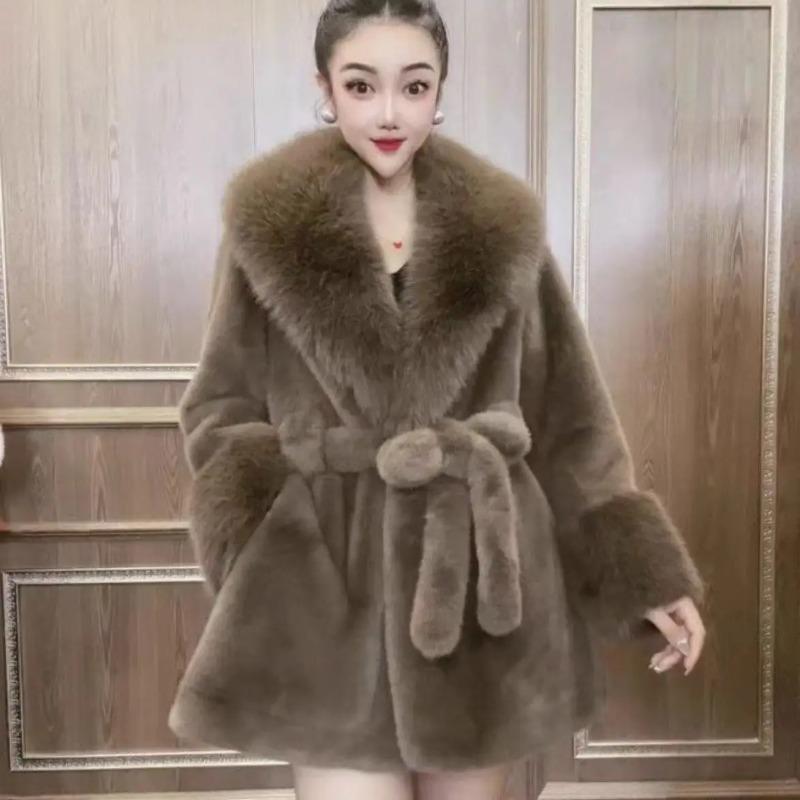 Женское модное зимнее утолщенное пальто с поясом из норкового плюша
