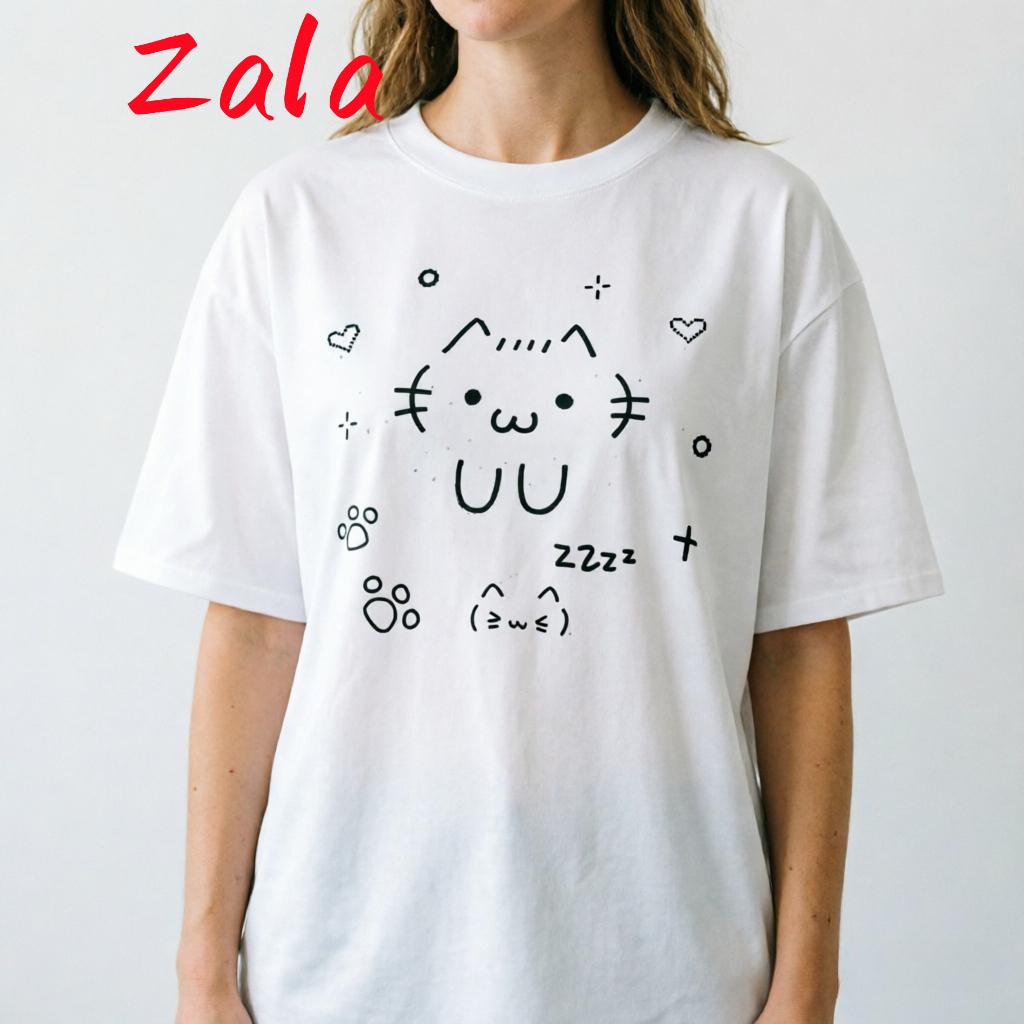 Uu Cartoon Printed Unisexs Tshirt Casual Shortsleeved White Cute Cat Summer Harajuku Streetwear Tops Tee Unisexs Clothing