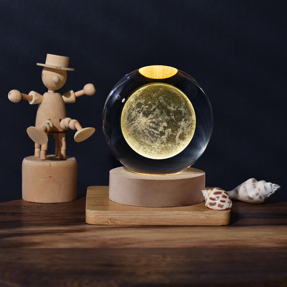 3D Galaxy Crystal Ball Lamp Лазерная гравировка Ночной светильник с деревянной основой для декора спальни,