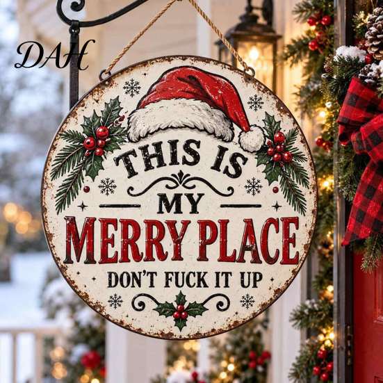 Funny Seasonal Wall Plaques for Living Room This Is My Merry Place Christmas Door Hanger, Wooden Holiday Welcome Decor Dormitory Sign with Jute