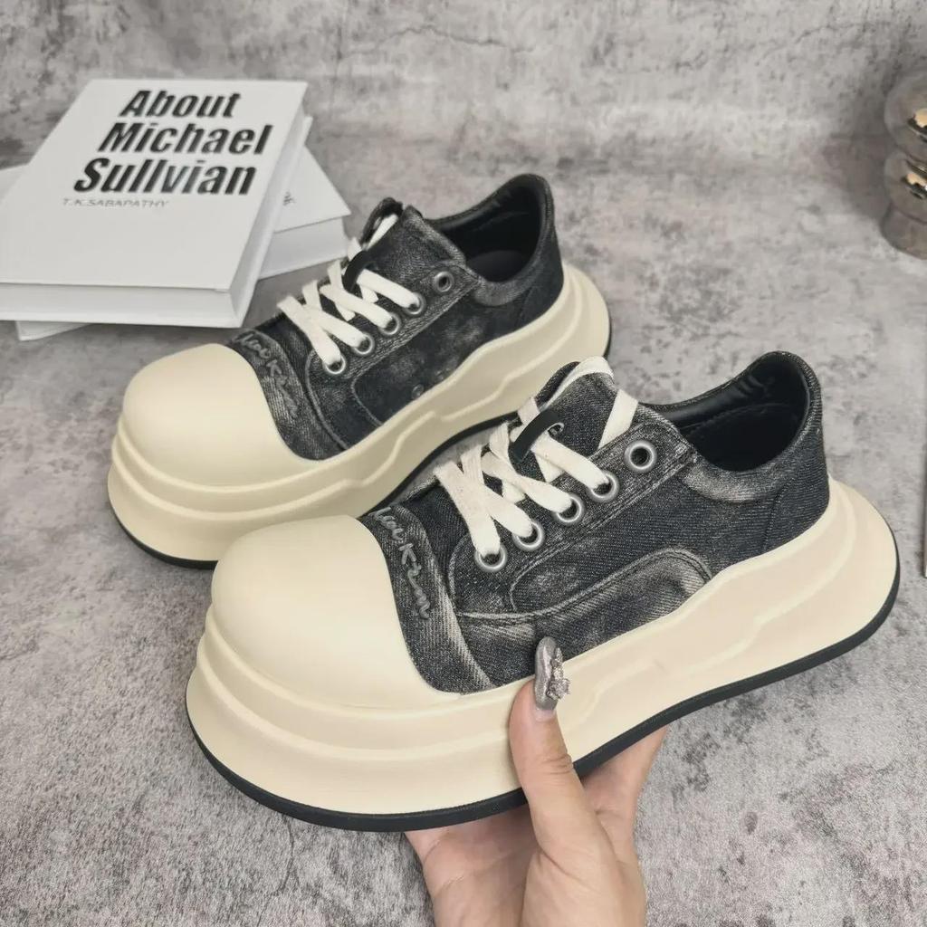 Черные и белые туфли Mickey Canvas для женщин - весна/лето 2024 г. Толстая подошва, увеличивающая рост, уродливо-милые спортивные повседневные туфли