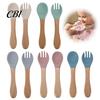 Toddler Self Feeding Tableware Baby Led Weaning Spoon And Fork Set, Soft Silicone Utensils Portable Kit for Travel with Wooden Handles, Self-Feeding