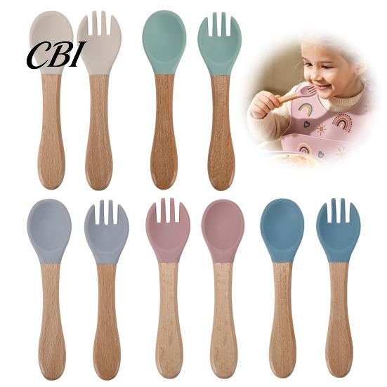 Toddler Self Feeding Tableware Baby Led Weaning Spoon And Fork Set, Soft Silicone Utensils Portable Kit for Travel with Wooden Handles, Self-Feeding
