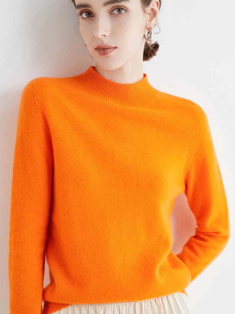 Women's Slim-Fit Autumn Sweater: Fashionable Half-High Neck, Versatile Pure Wool for Base Layer or Outerwear, Skin-Friendly