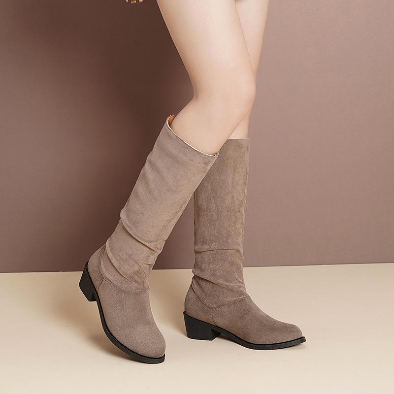 Европейские и американские длинные сапоги 2024 года, осень и зима, новые замшевые сапоги на среднем каблуке со складками, высокие сапоги для женщин Zapatos De Mujer Trafza