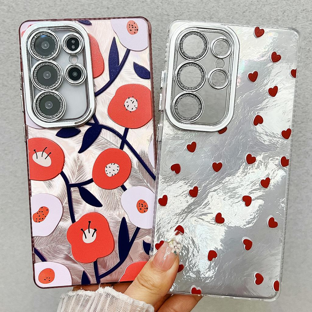 For Samsung Galaxy S25 Ultra Case Floral Pattern Design IMD PC+TPU Phone Back Cover with Glass Lens Film