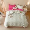 Ins Girls Green Striped Bedding Set Solid Color Soft Washed Cotton Bed Sheet Queen King Size Duvet Cover Set With Pillowcase
