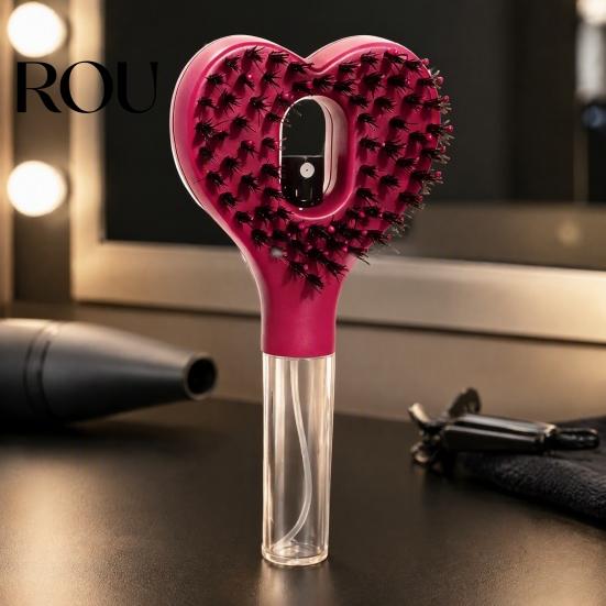 Water Spray Hairbrush Heart Shape Hair Brush, Frizz Control Scalp Massage 55ML Refillable Misting Brush for Dry, Flyaway & Tangled Long Detangler