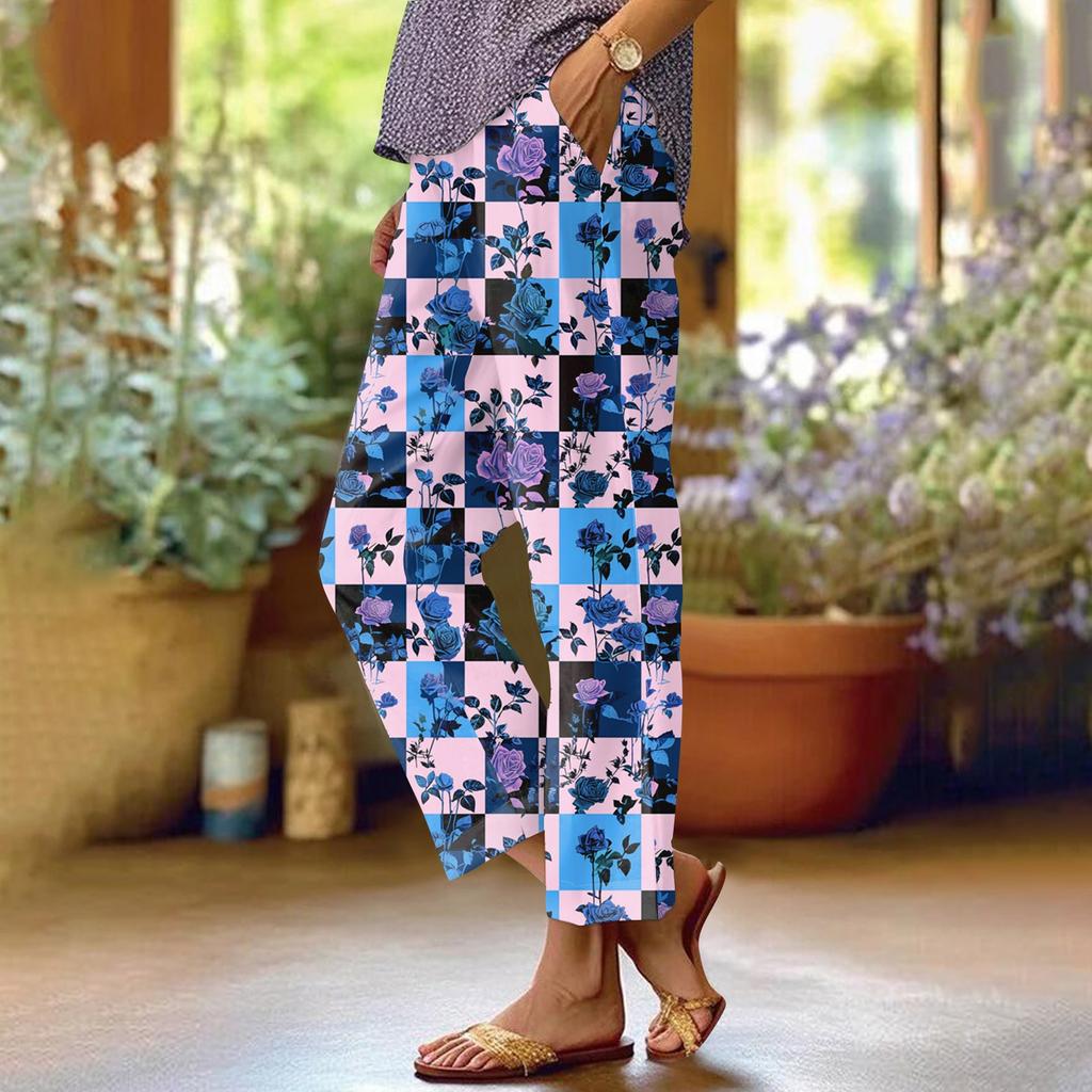 Women's Fashionable Floral Print Straight Leg Pocket Elastic Waist Casual Pants Pants