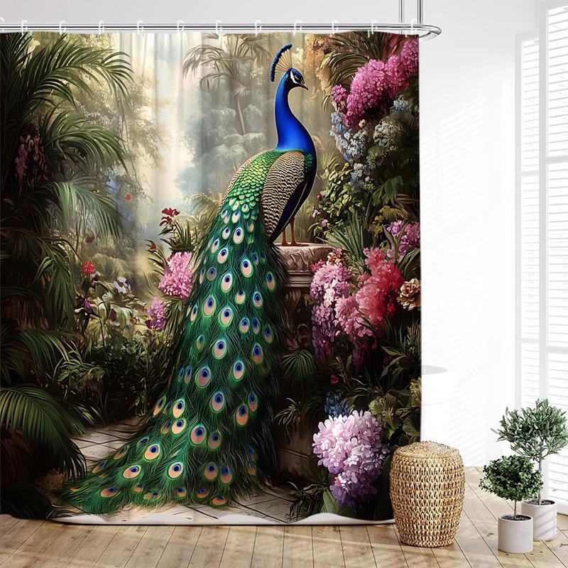 Blue Peacocks Shower Curtains Forest Trees Plants Flowers Waterfall Scenery Polyester Fabric Bathroom Curtain Decor With Hooks