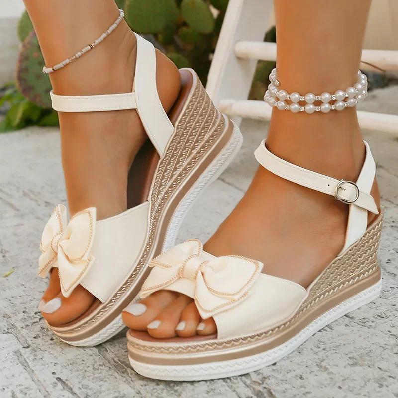 Fashion Lovely Girls Beige Bowtie Sandals Comfortable Platform Wedge Heels Shoes Woman Open Toe Ankle Strap Size35 42 Sandalias Mujer