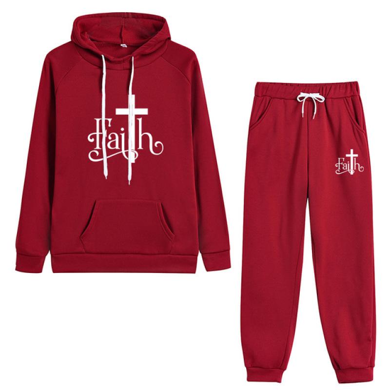 Jesus Crucifix Faith Printed Pant Sets Women Hoodie Sweatpants Solid Color Tracksuit Ladies Daily Casual Sport Jogging Suit