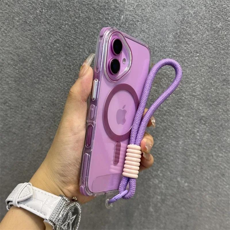 Прозрачный чехол с ремешком для запястья для iPhone 14 13 1 16 Pro Max 16 Plus, шнурок, магнитный, конфетный цвет, противоударный чехол