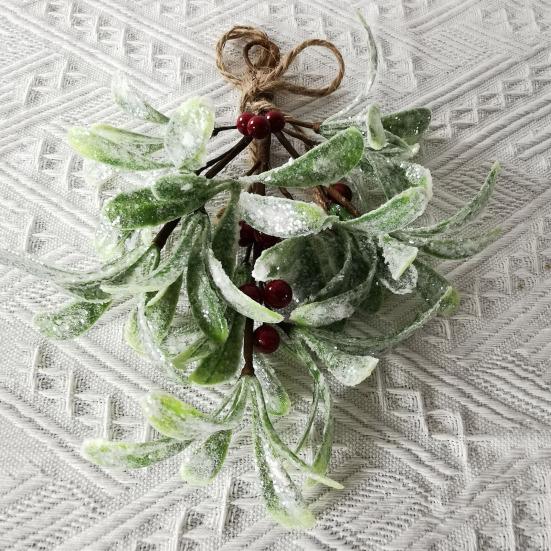 Artificial Mistletoe Branch Christmas Hanging Faux Mistletoe Ornament with Bow Glitter Leaves