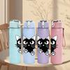 1PC Large Eye Black Kitty Cartoon Print 750ml Color Plastic Sports Water Bottle Leakproof Flip Straw Lid Suitable for Sports Office Home Use