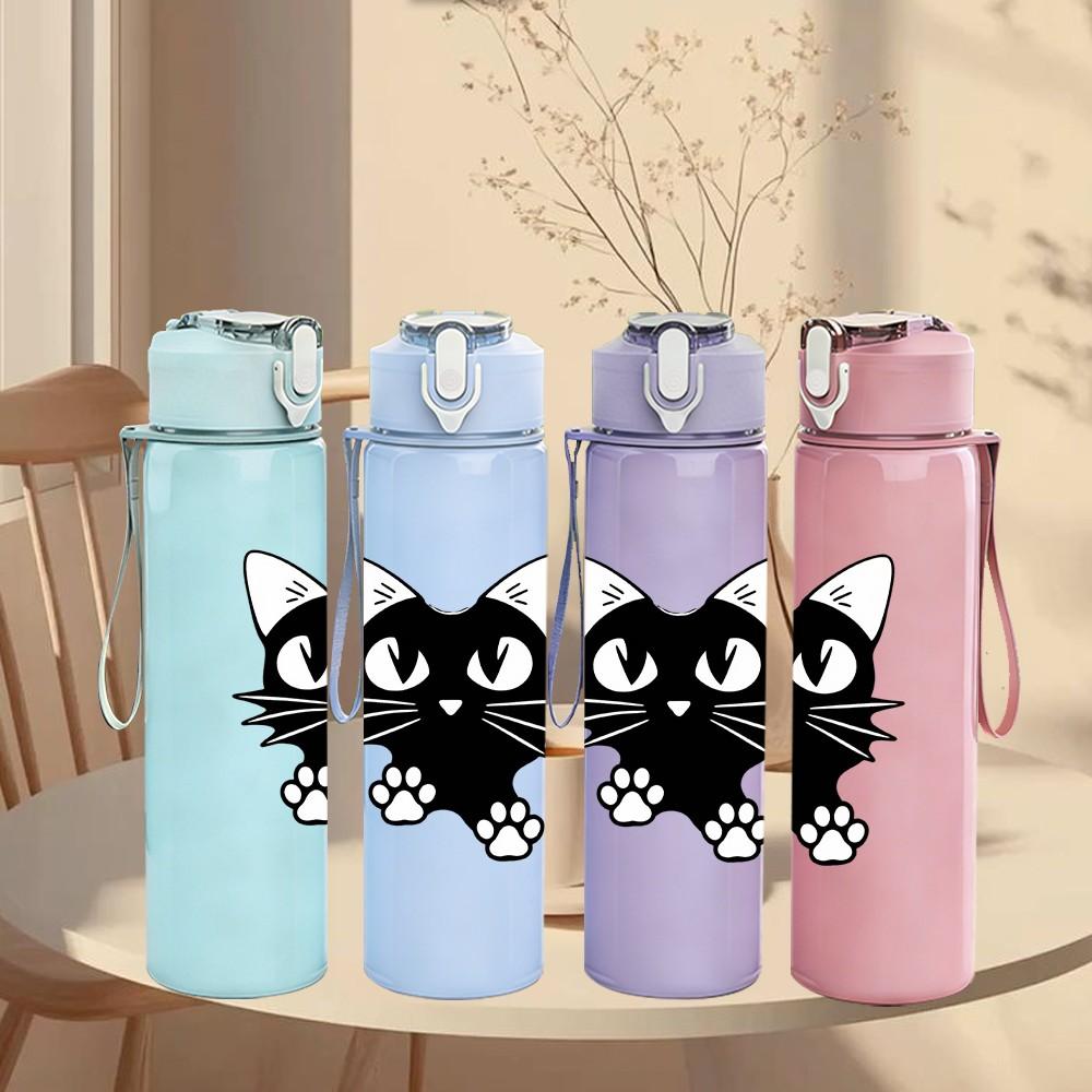 1PC Large Eye Black Kitty Cartoon Print 750ml Color Plastic Sports Water Bottle Leakproof Flip Straw Lid Suitable for Sports Office Home Use