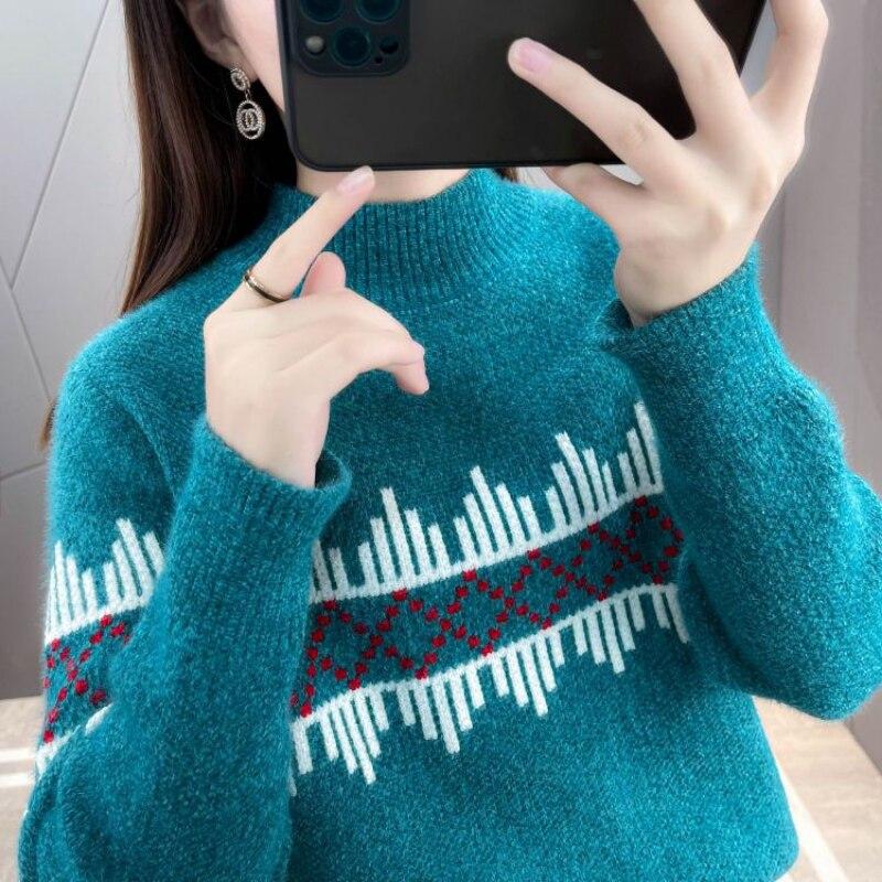 Pullover Sweater Women Mink Down Autumn and Winter 2023 Half High Collar Loose Knitted Undercoat Casual Pullover Sweater Women