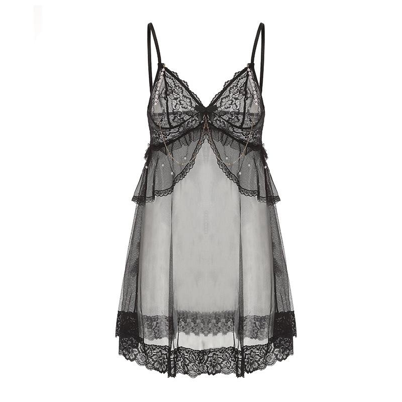 Women's Plus Size Lace Pearl Chain Sheer Mesh Sleep Dress Lingerie Set