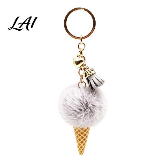 Plush Ice Cream Keychain for Backpacks Key Holder Car Fluffy Cone Bag Charm Decorative Pendant with Metal Ring Chain