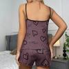 2 Pcs/Set Women Pajamas Set O Neck Sleeveless Heart Print Strappy Top Elastic High Waist Shirring Edge Loose Fit Shorts Homewear Vest Shorts