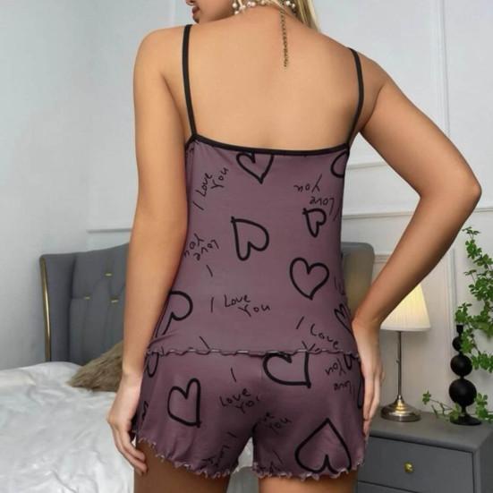2 Pcs/Set Women Pajamas Set O Neck Sleeveless Heart Print Strappy Top Elastic High Waist Shirring Edge Loose Fit Shorts Homewear Vest Shorts
