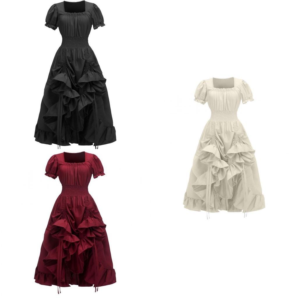 Vintage Renaissance Square Neck Short Sleeve Dress Medieval Pastoral Cosplay Dress