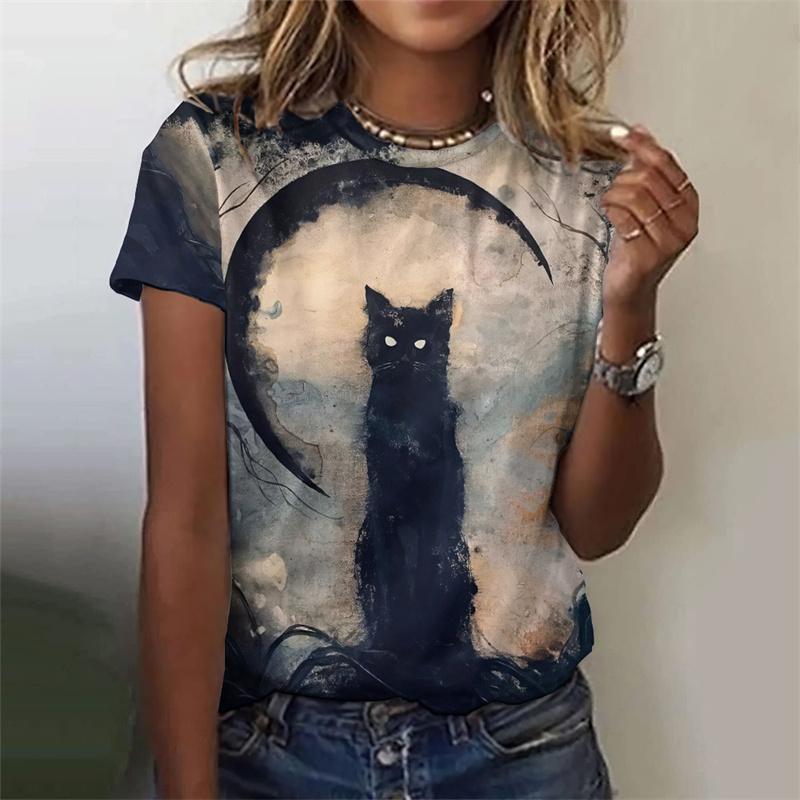 Футболка с принтом 3D Night Cat для женщин, красочные футболки с рисунком звездного неба, летние повседневные футболки с короткими рукавами и круглым вырезом