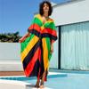 Лето 2024, красочное сексуальное платье с V-образным вырезом и рукавами «летучая мышь», свободное платье макси, женская одежда, богемное пляжное платье для отпуска, пляжное накидка Q1618
