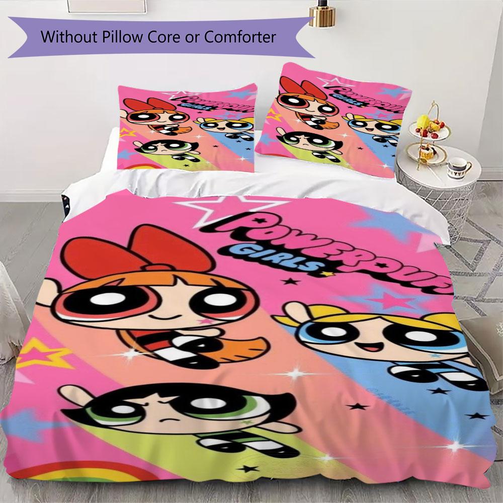 Cartoon Powerpuff Girls print children's duvet cover set, soft and skin-friendly, available in multiple sizes, bedroom bedding.