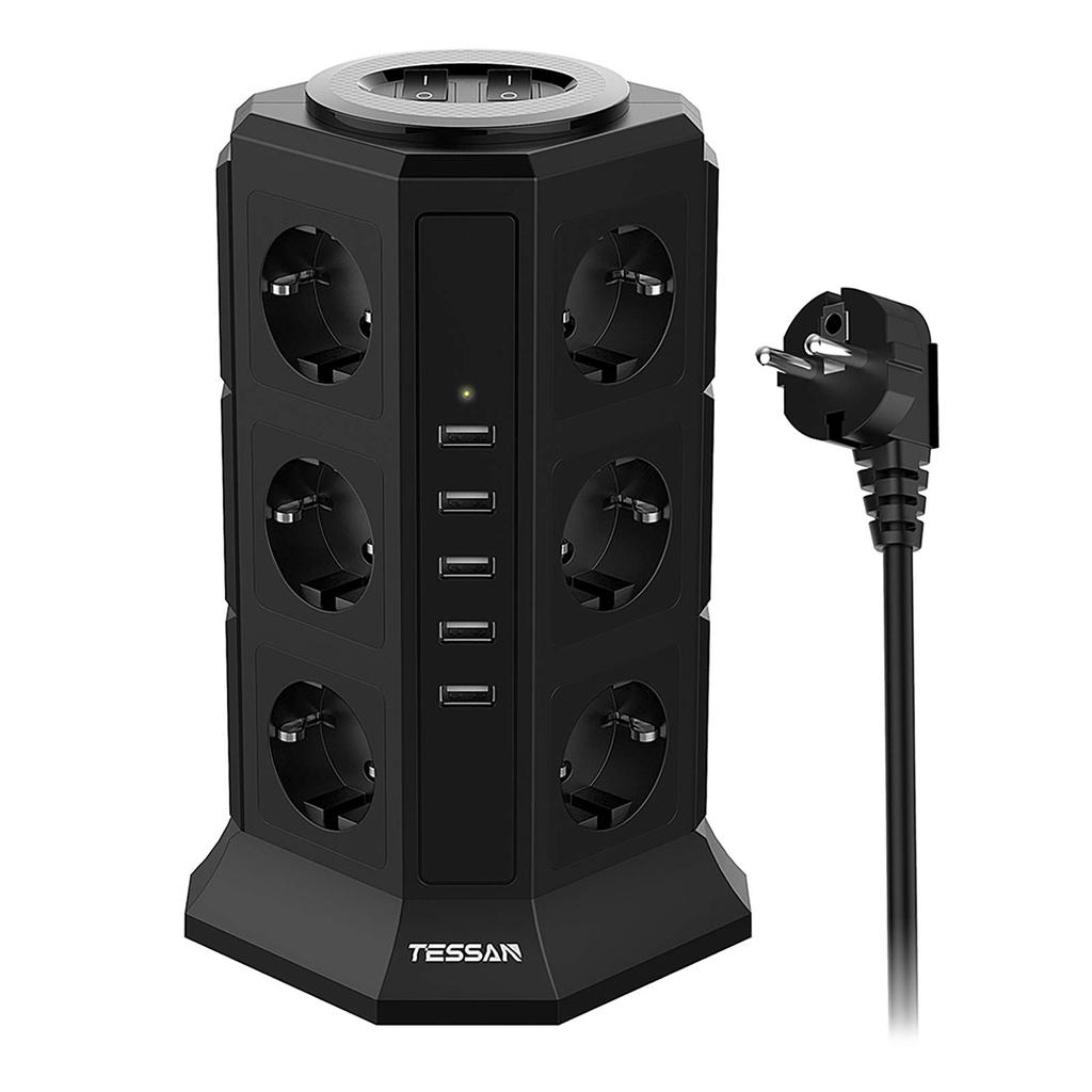 Tessan Удлинитель с несколькими розетками, 11-контактная башня с розетками (2500 Вт/10 А) с 3 USB-портами (5 В/3,1 А) и кабель 2,0 м для дома и офиса