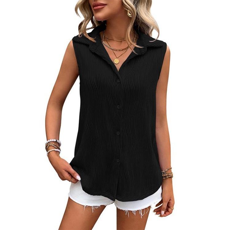 Summer Women Solid Color Lapel Sleeveless Button Blouse Shirt Top