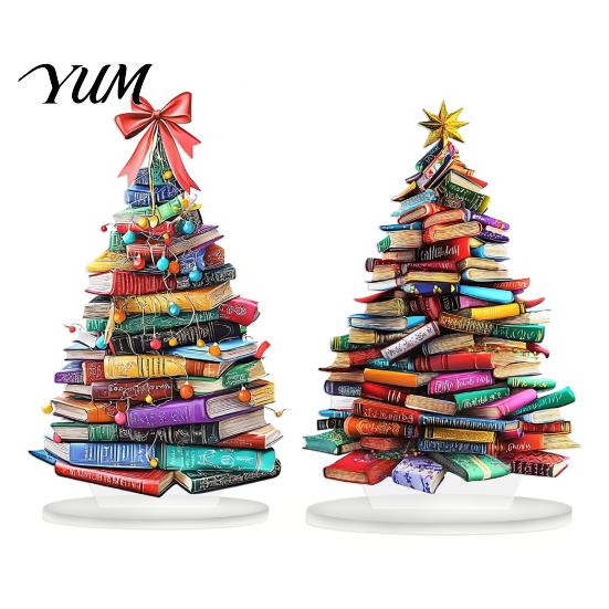 Compact Christmas Gift for Friends Stacked Book Tree Ornament, 2D Flat Stacking Holiday Hanging Decoration, Ornaments Reading Theme Acrylic