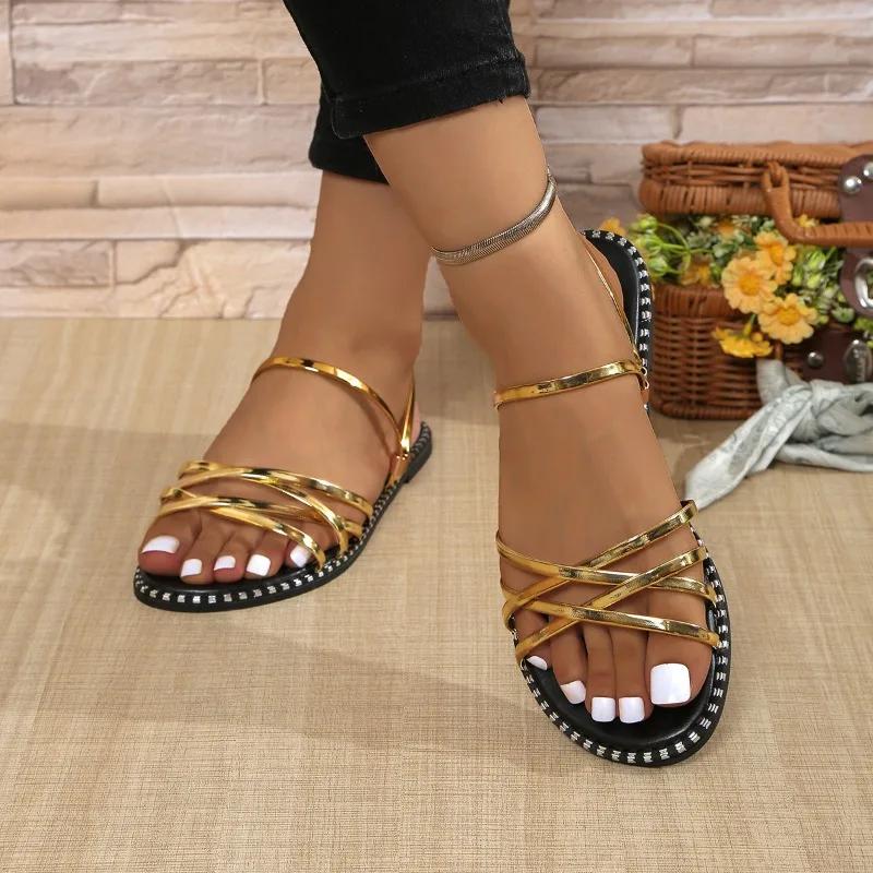 Летняя мода 2024 Открытый носок Однотонные Женские пляжные шлепанцы Большого размера Двухсторонние На плоской подошве Глянцевые Римские женские сандалии