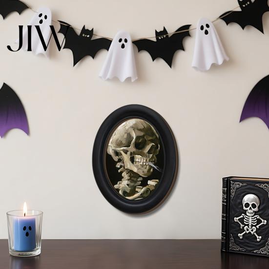 Vintage Style Halloween Decoration Ghost Wall Decor, Cute Table Sign, Oval Framed Black Art Picture, Decorative for Mantel Living Room Bedroom